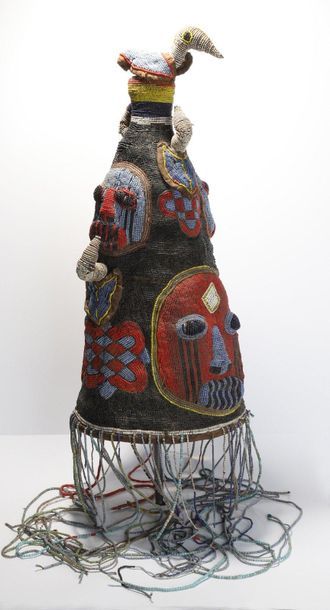 Fully beaded Ade headdress with faces, geometric...
