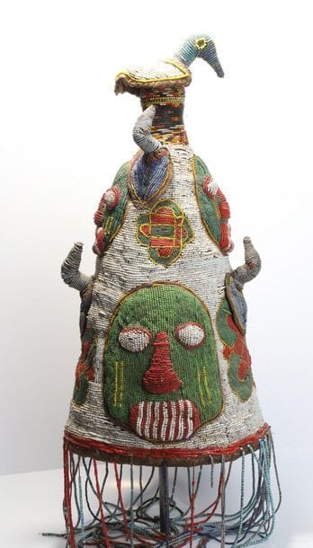Fully beaded Ade headdress with faces, geometric...