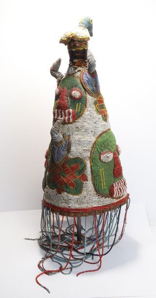 Fully beaded Ade headdress with faces, geometric...