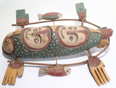 Anthropozoomorphic decorative mask with three...