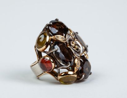 PIETRA DURA - IMPORTANTE BAGUE FLEUR en argent...