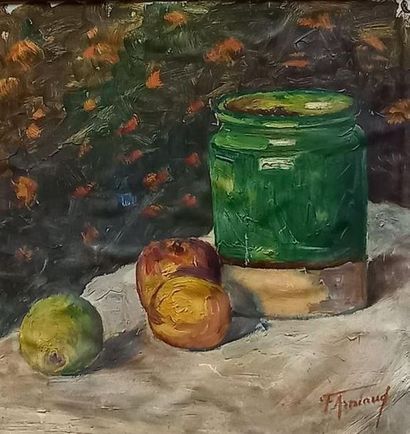 F. ARNIAUD

Still life with jar and apples

Oil...