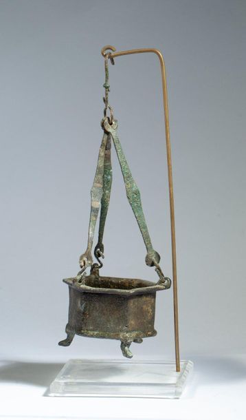 Bronze tripod censer with green hexagonal...