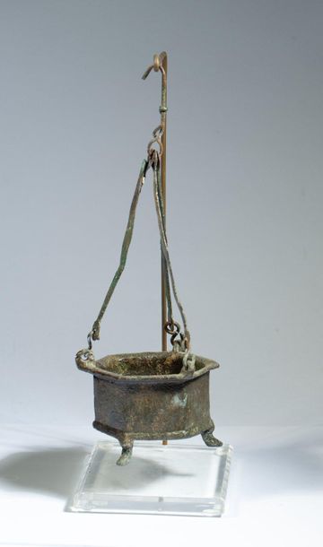 Bronze tripod censer with green hexagonal...