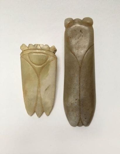 Two cicadas in green-yellow jade finely engraved...