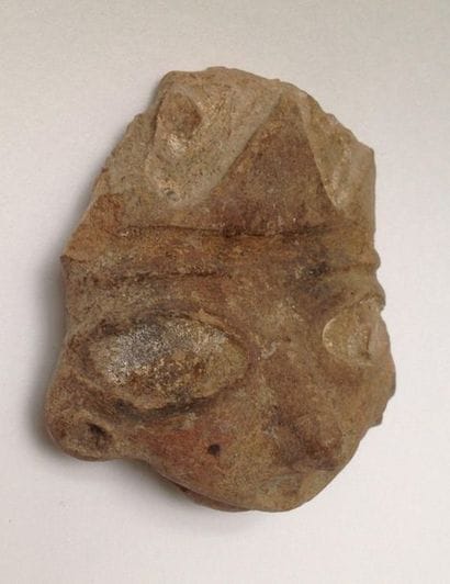 Brown terracotta head with wide open eyes.

Puebla...