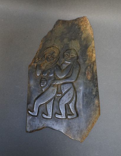 Jadeite plate carved in relief with erotic...