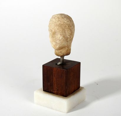 Head of a young woman with curly hair held...