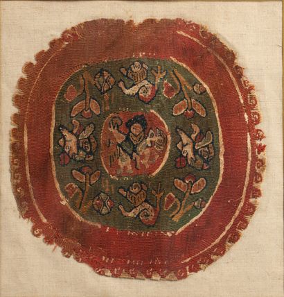 Tabula with polychrome decoration on a red...
