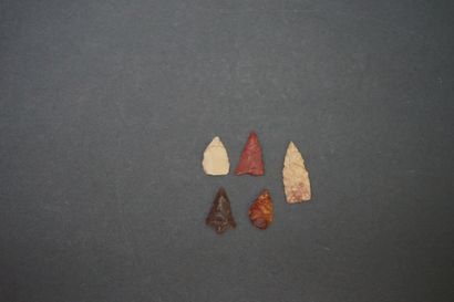 Set of five blond, red and bistre flint arrowheads...