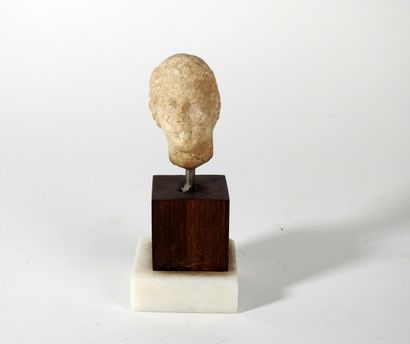 Head of a young woman with curly hair held...