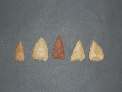 Set of five Neolithic triangular flint arrowheads....