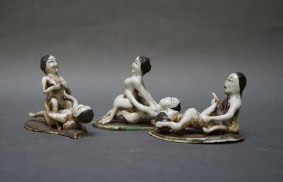 Set of three erotic scenes in painted porcelain....