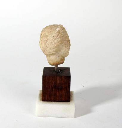 Head of a young woman with curly hair held...