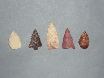 Set of five blond, red and bistre flint arrowheads...
