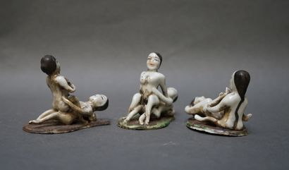 Set of three erotic scenes in painted porcelain....