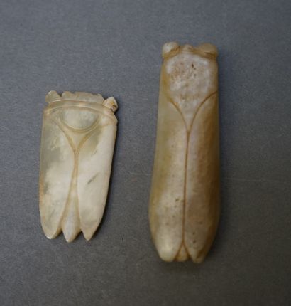Two yellow green jade cicadas finely engraved...