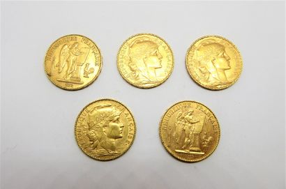Lot of 5 PIECES 20 francs gold; Napoleon...