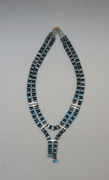 Double row necklace made of faceted blue...