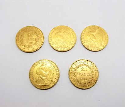 Lot of 5 PIECES 20 francs gold; Napoleon...