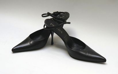 PRADA - Pair of black leather open toe pumps....