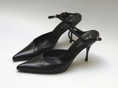 PRADA - Pair of black leather open toe pumps....