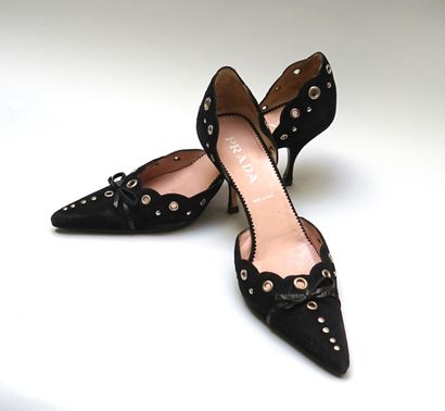 PRADA - Pair of black suede open-toe pumps...