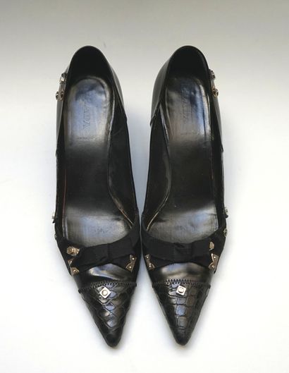 PRADA - Pair of black leather pumps with...