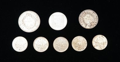 LOT of 7 silver coins. 1 of 50FR, 1 of 20FR,...