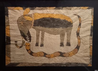 Peinture sur fibres végétales à motifs zoomorphes...