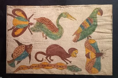 Peinture sur fibre végétale à motifs zoomorphes...