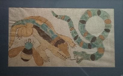 Peinture sur fibre végétale à motifs zoomorphes...