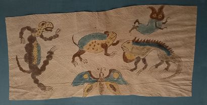 Peinture sur fibre végétale à motifs zoomorphes...