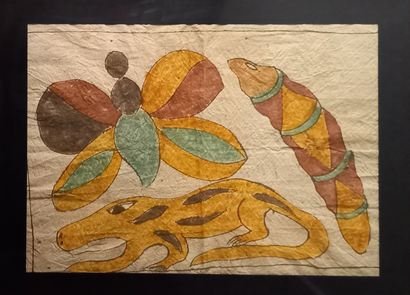 Peinture sur fibre végétale à motifs zoomorphes...
