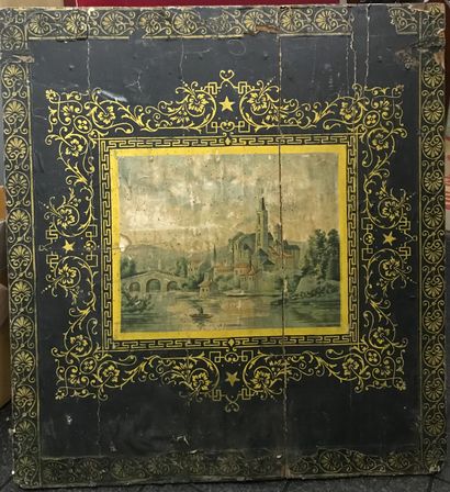 Panneau, papier contrecollé sur planche de...