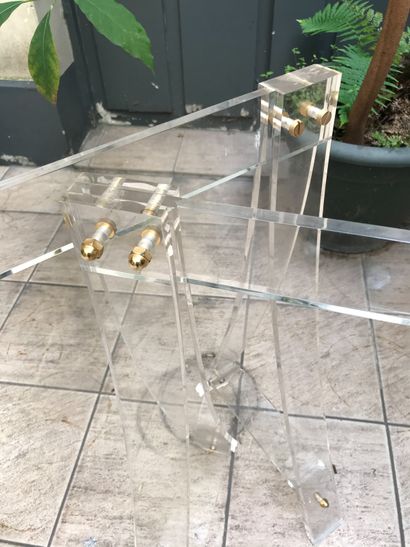 Table tréteau, piétement en plexiglas, plateau...