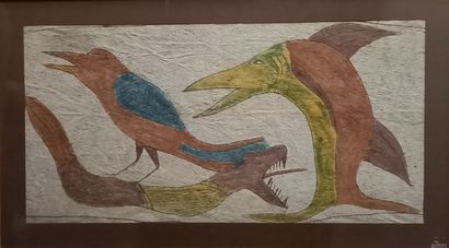 Peinture sur fibre végétale à motifs zoomorphes...