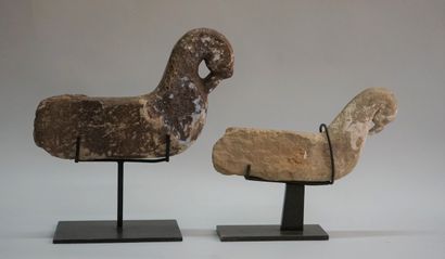 Pair of stylized birds in carved stone. Rajasthan,...