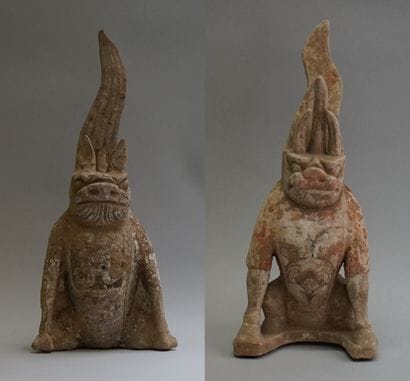 Set of two grey and beige terracotta chimeras...