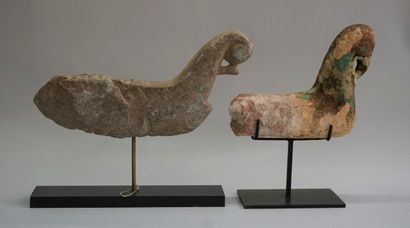 Pair of stylized birds in carved stone. Rajasthan,...