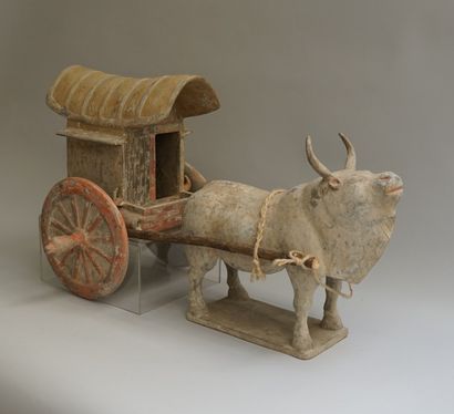 Polychrome terracotta buffalo and cart. 

Northern...