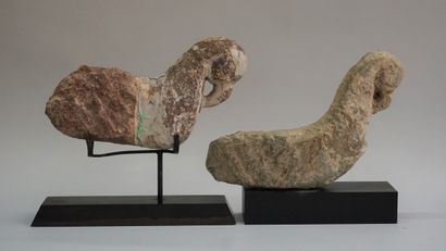 Pair of stylized birds in carved stone. Rajasthan,...