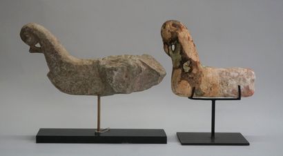 Pair of stylized birds in carved stone. Rajasthan,...