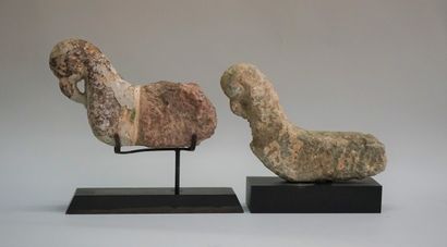 Pair of stylized birds in carved stone. Rajasthan,...