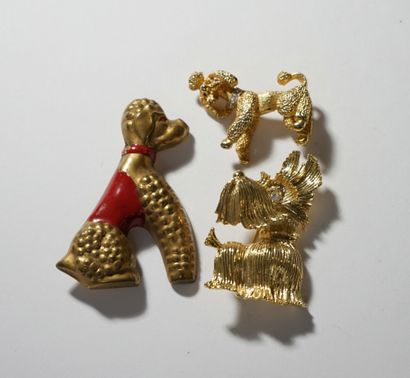 SET OF 3 vintage PINS in gilded metal, rhinestones...