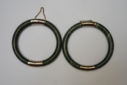 TWO spinach green (jadeite?) hardstone BRACELETS...