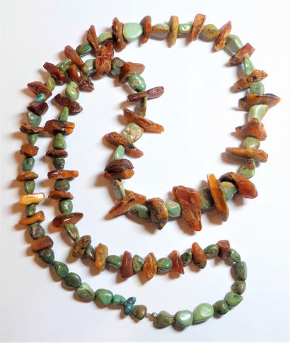 SAUTOIR of raw amber and turquoise beads...