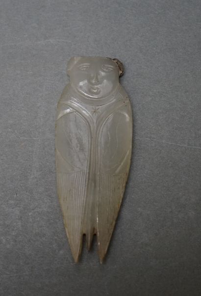 Cicada with a cherub's head in grey jade....