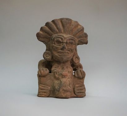 Small Aztec style incense urn in brown-beige...
