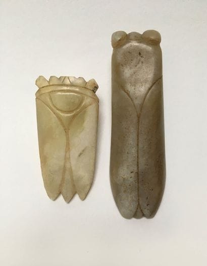 Two yellow green jade cicadas finely engraved...